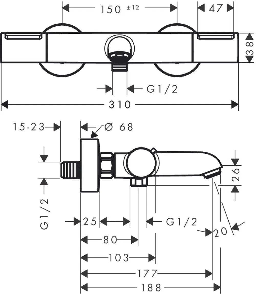 Hansgrohe Thermostat für die Wandmontage, technische Zeichnung mit Maßen und Anschlussdetails. Übersichtliche Darstellung der Komponenten und Installationsanforderungen.